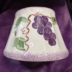 Jar Candle Topper - Cream w/ purple grapes. Ceramic plaid texture & light holes.